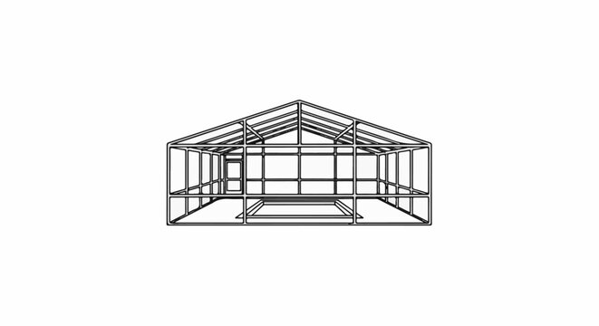 Architectural line drawing of a skeletal greenhouse structure