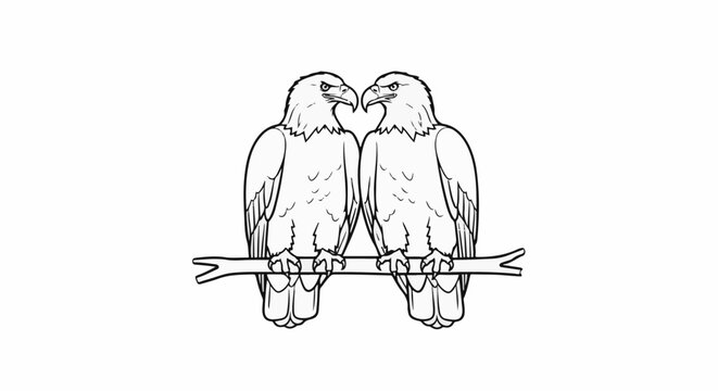 Two eagles perched facing each other on a branch