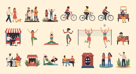 Fototapeta premium Flat vector people lifestyle collection, diverse characters enjoying outdoor activities and hobbies, set of 18 human activity illustrations