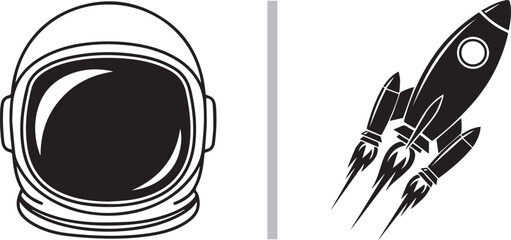 Minimalist astronaut helmet and space rocket ship vector illustration isolated on white background © Muhammad