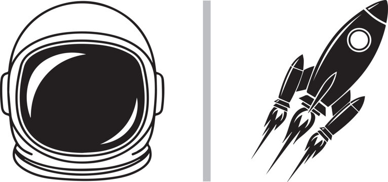 Minimalist astronaut helmet and space rocket ship vector illustration isolated on white background