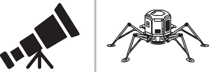 Astronomy and space exploration vector icons featuring a telescope silhouette and lunar lander isolated on white background © Muhammad