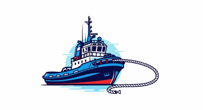 A stylized blue tugboat with a thick rope in tow, set against a light blue circular background