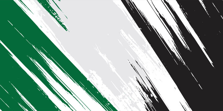 Vibrant abstract painting emulating the United Arab Emirates flag with energetic red, green, white, and black brush strokes