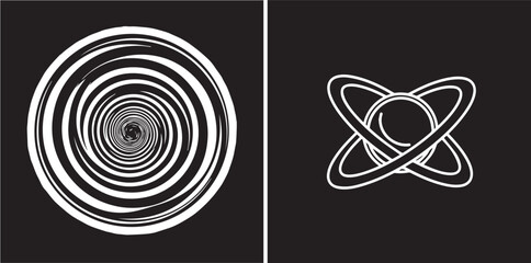 Minimalist white spiral vortex and stylized planetary atom orbit icons isolated on black background vector illustration © Muhammad