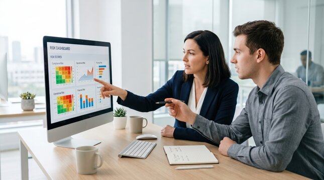 Professional female and male consultants analyzing enterprise risk management dashboard in modern office