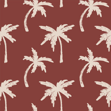 White Grunge Palm Trees Silhouettes Pattern on Brown Background. Tropical seamless pattern, summer textile vector design with palm trees. Hand drawn brush stroke palm trees pattern.