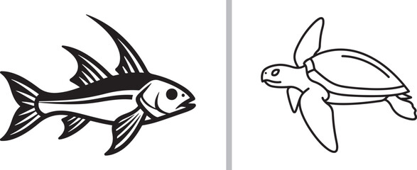 Minimalist black and white vector illustration of a fish and sea turtle isolated on white background © Muhammad