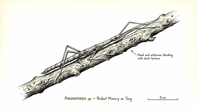 Camouflaged Stick Insect on Dry Branch in Monochrome Detail