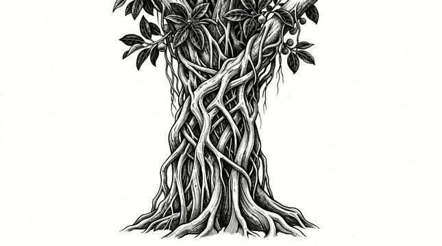 strangler fig tree with entwined roots and leaves