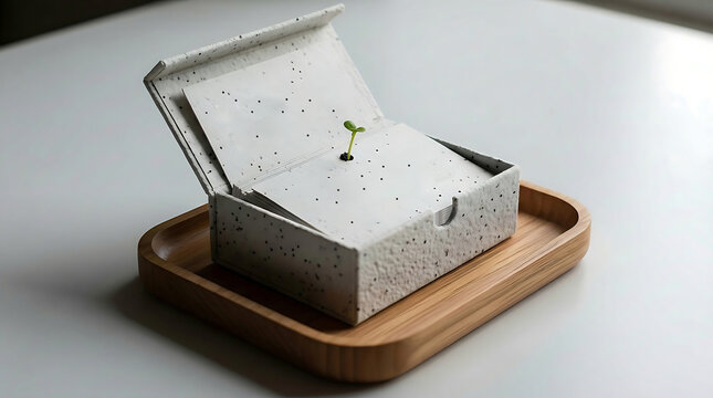 Eco friendly seed paper business cards in recycled material box with tiny green sprout growing from stack on wooden tray for environmental sustainability and biodegradable stationery branding themes.
