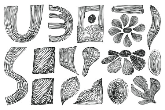 Messy Lines Geometric Shapes Set. Crayon Hand Drawn Abstract Shapes. Sketchy Doodle Boho Organic Shapes Collection. Vector Artistic Striped Thin Pen Stroke Lines Set