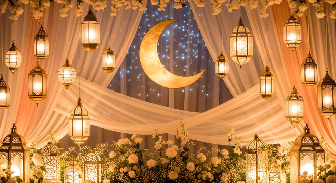 Ramadan decorations a crescent moon and lanterns create a festive atmosphere