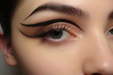 Obraz premium Woman's eye featuring creative dramatic black graphic eyeliner and perfect eyebrows, fashion and beauty concept