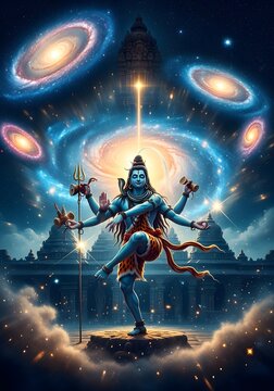 Lord Shiva Performing Cosmic Dance in Universe with Galaxies and Temple Background, Symbolizing Divine Energy and Creation