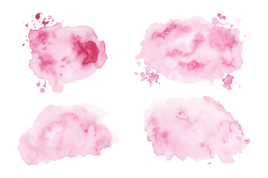 Pink Watercolor Splash and Stains Set. Painted watercolour blot with ink drops, isolated on white background. Vector illustration