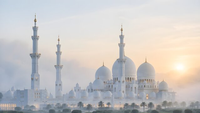 Sheikh Zayed Grand Mosque in Abu Dhabi Wrapped in Morning Mist at Sunrise, White Marble Islamic Architecture with Minarets and Domes in Foggy Golden Hour Light, United Arab Emirates Landmark