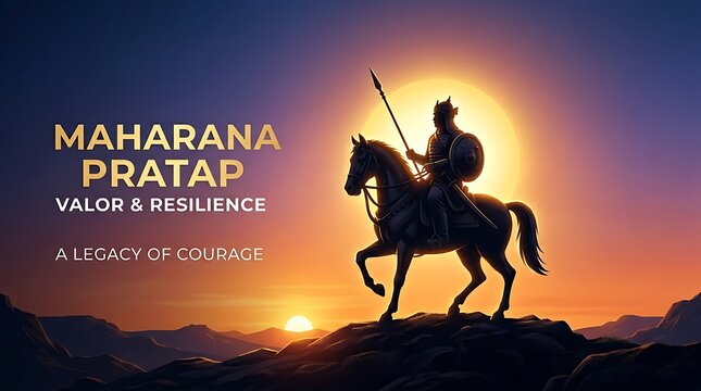 Maharana Pratap Silhouette on Horseback at Sunset with Valor Text