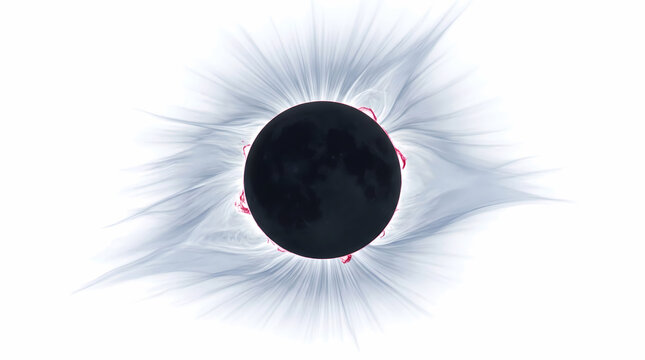 Solar eclipse totality with radiant corona and dark moon shadow on light blue sky
