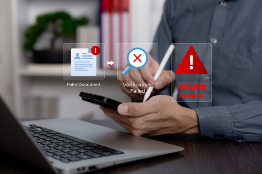 Online fraud detection concept with fake document alert and failed verification on virtual interface, showing identity fraud prevention, cybersecurity risk and digital security.