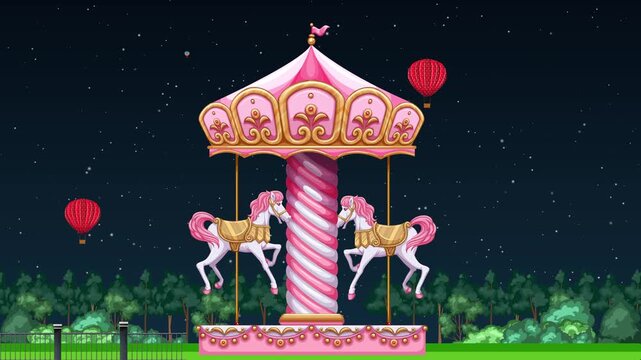 Animated Pink Carousel Spinning at Night with Fireworks and Hot Air Balloons