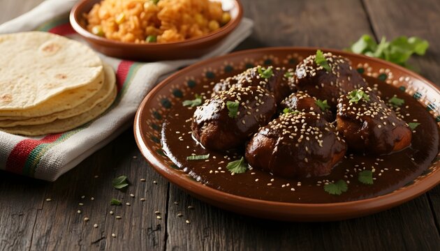 Traditional mole poblano dish served with mexican rice and tortillas on a rustic wooden table for a festive Cinco de Mayo celebration culinary concept