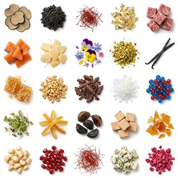 Top-down view of 25 luxury gourmet food ingredients and toppings arranged in a neat 5x5 grid isolated on a white background