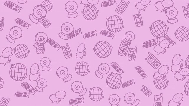 Seamless technology doodle pattern animation featuring chat bubbles, mobile phones, webcam and globe icons on pink background. Perfect for communication, social media and digital themes.