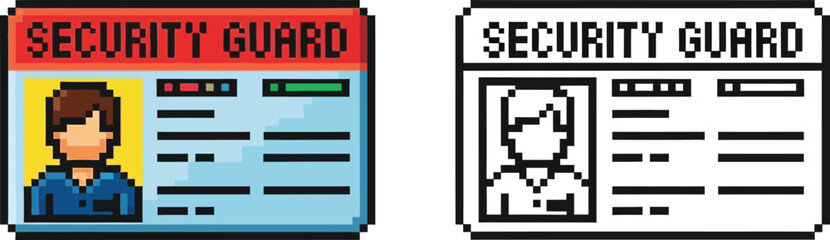 Obraz premium Pixel art illustration of a security guard identification card, featuring a portrait of a guard and text fields, presented in both color and monochrome versions.