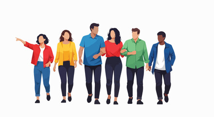 Fototapeta premium Diverse group of six people walking together in casual attire against a clean white background with a sense of unity and movement.