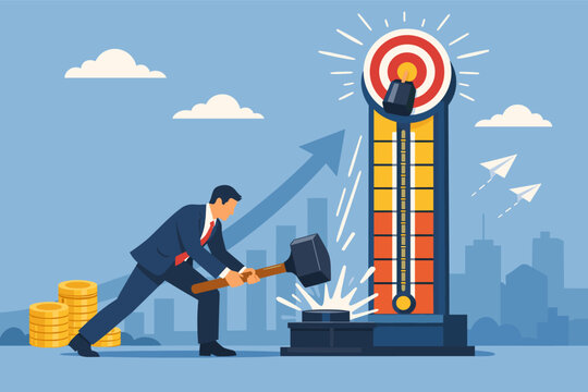 Successful businessman hitting a high striker carnival game with a sledgehammer to reach the target, symbolizing achievement, financial growth, hitting business goals, and professional power.