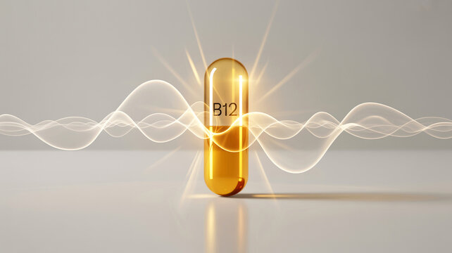 Vitamin B12 Golden Capsule Supplement with Glowing Energy Wave Lines on Light Background