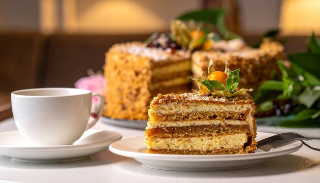 Close-up of layered cake slice adorned with physalis fruit, alongside a teacup on a white surface, and more cake in the background