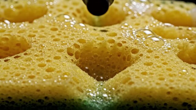 Closeup of Hands Washing a Yellow Sponge with Bubbles and Water.
