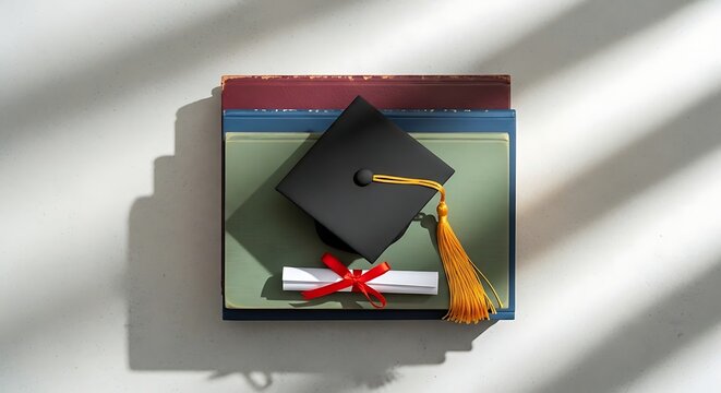 Black graduation cap with yellow tassel and rolled diploma on top of stack of old vintage books