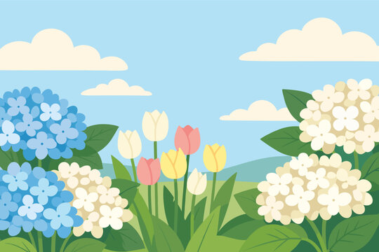 Spring Hydrangea and Tulip Flowers Vector Poster Illustration with Sky Blue, Cream, and Green Colors. Modern Flat Design Floral Landscape with Clouds and Blooming Garden Plants Background.