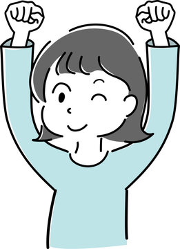 ウインクして笑いながらガッツポーズをする女性の上半身シンプルイラスト（成功・達成・喜び・人物） / Simple Upper Body Illustration of Winking Woman Making a Fist Pump (Success, Achievement, Joy, Person)