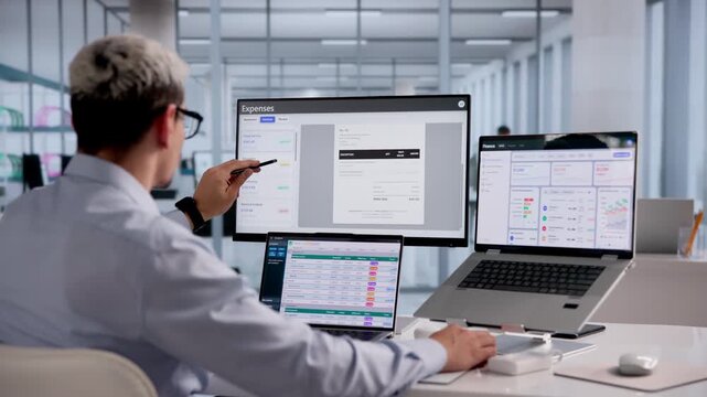 Finance Manager Carefully Tracks Expenses On Laptop