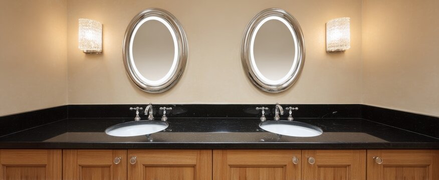 Contemporary single vanity features black granite oak cabinetry oval LED mirrors and chrome fixtures.