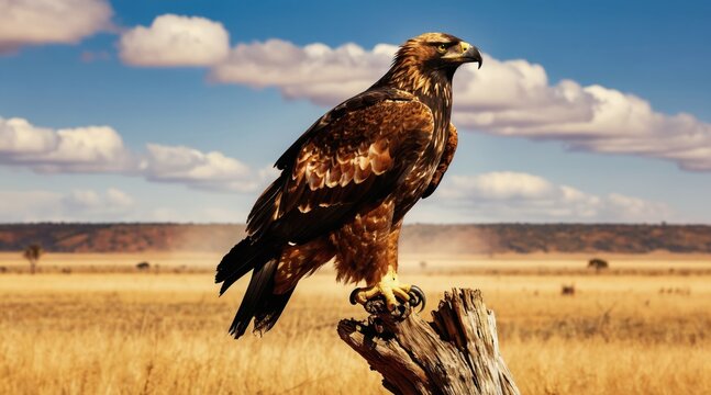 Golden eagle sits on dead tree stump in dry grassland savanna under blue cloudy sky. Bird of prey watches over arid landscape. Wildlife avian predator in natural habitat.