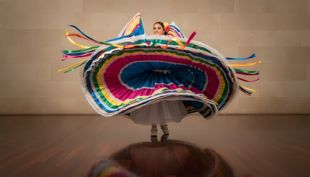 Mexican folklorico dancer spinning in a colorful traditional dress for cinco de mayo celebration concept, capturing hispanic culture and festive motion on a performance stage
