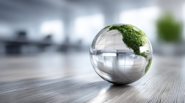 A reflective globe with green landscape symbolizing sustainability.