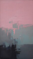 Fototapeta premium Abstract oil painting shows textured pink and gray grunge patterns with vertical brushstrokes and dark shadowy forms. Modern art style with blended colors and rough surfaces.