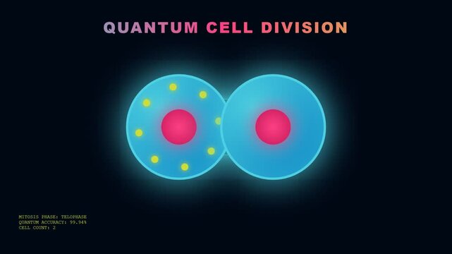 Precise quantum cell division, an essential aspect of organoid disease modeling, is digitally illustrated with high accuracy and microscopic detail in this scientific depiction.
