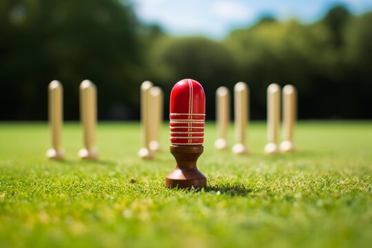 Red king pin standing out from other skittles on a green lawn game field