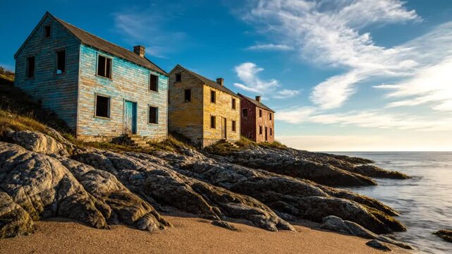 Coastal Scene of Colorful Historic Houses on Rocky Shoreline with Calm Ocean and Sunny Sky