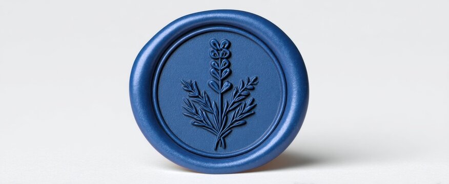Blue wax seal with lavender shows vintage botanical design for invitations and branding.