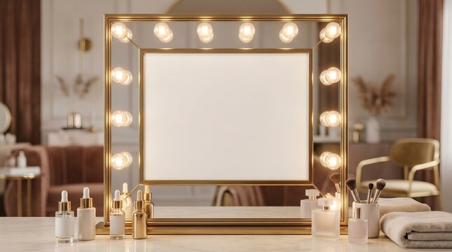 A serene dressing room scene with a large mirror surrounded by lights, various beauty products, and a towel on a table.