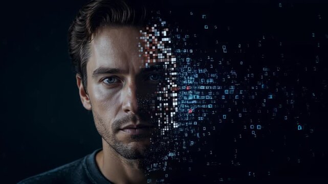 Confident man's portrait materializing from a cloud of abstract binary code and glowing pixels, symbolizing concepts like artificial intelligence, digital identity, and technological evolution