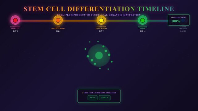 A detailed scientific animation showcases organoid disease modeling through the intricate timeline of stem cell differentiation to functional mature organoids.